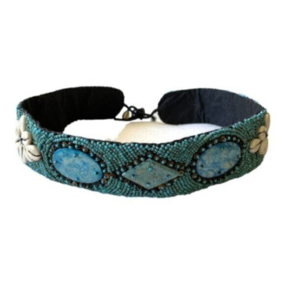 Turquoise Tribal Handmade Beaded African Cowrie Shell Tie Belt 32" - Picture 1 of 9
